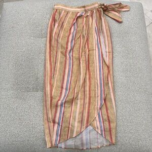 Pearl by Lela Rose Striped Linen Wrap Midi Skirt Tie Waist Size 2